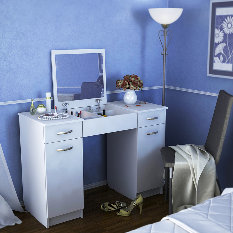 Stylistic infusion of a white dressing table with a mirror into the bedroom
