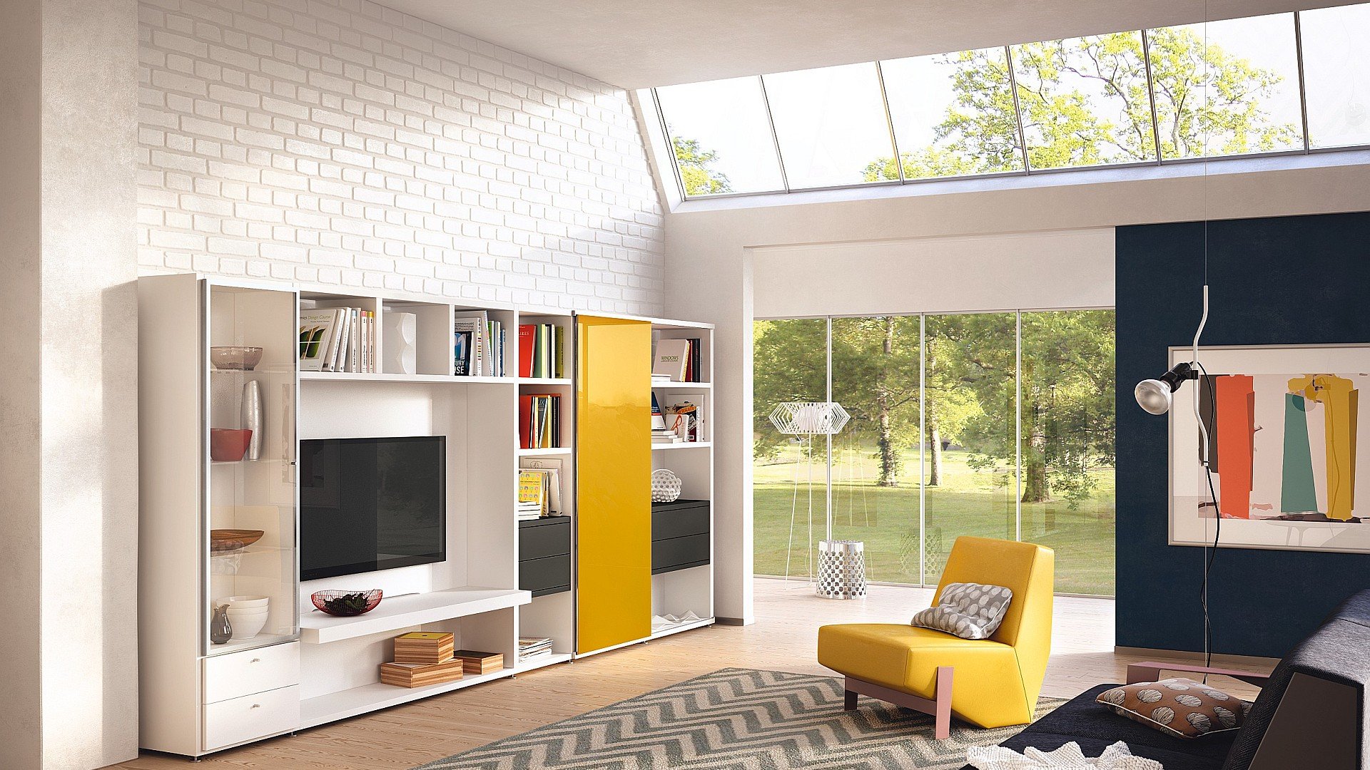 Snow-white modular system for a living room with brick walls