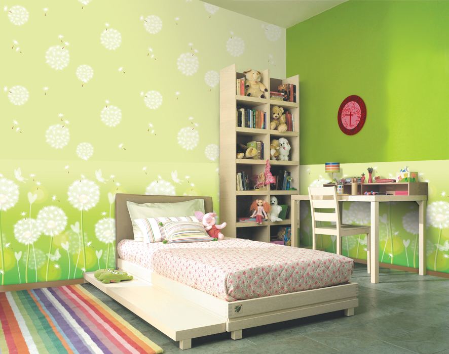 Papiers peints design pour chambre d'enfants dans des tons verts chauds