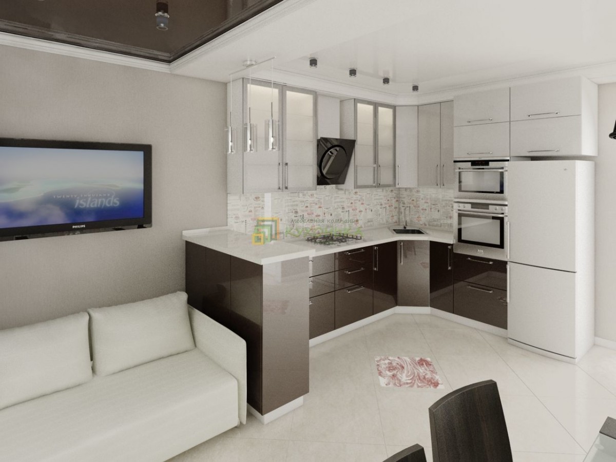 Foto del design di una cucina-soggiorno alla moda in bianco