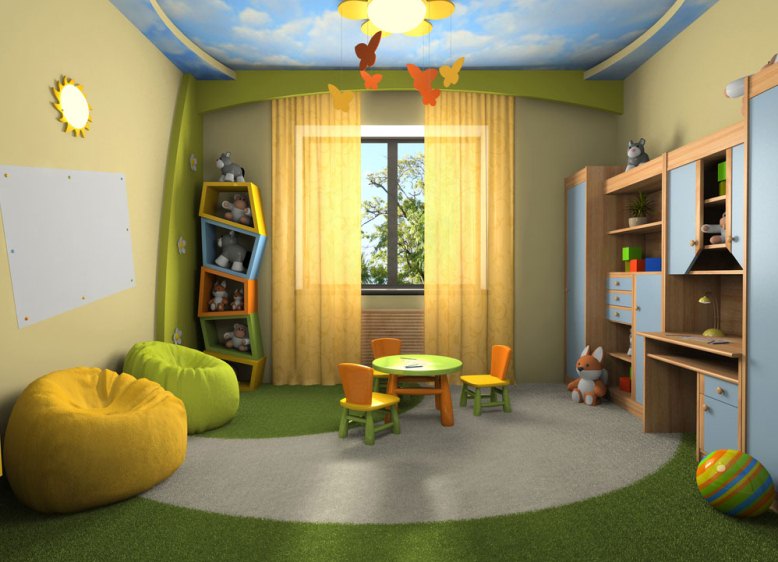 L'interno della stanza dei bambini con colori caldi e luminosi