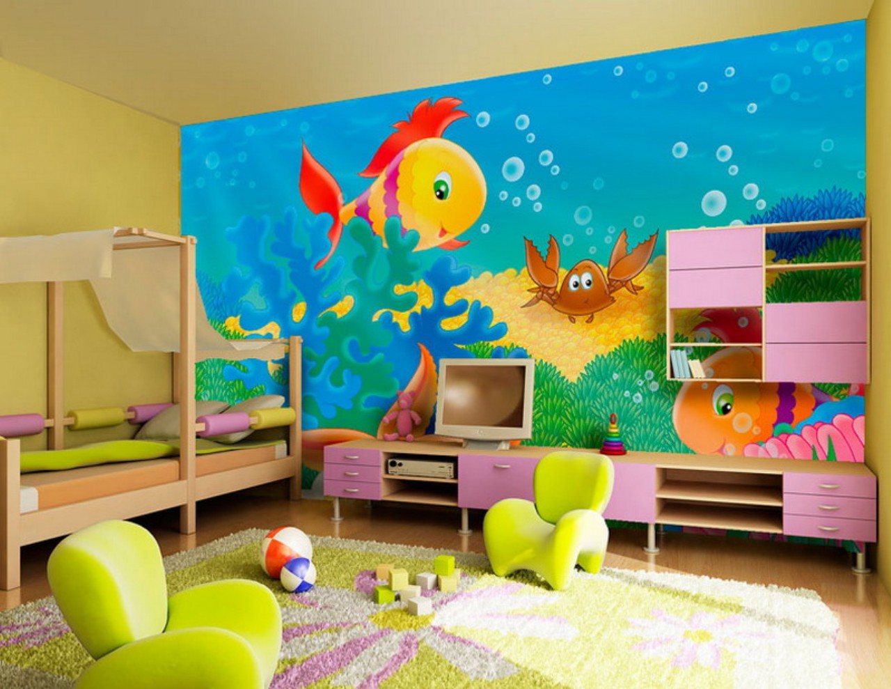 Papier peint lumineux et élégant avec un grand motif pour une chambre d’enfant pour un garçon