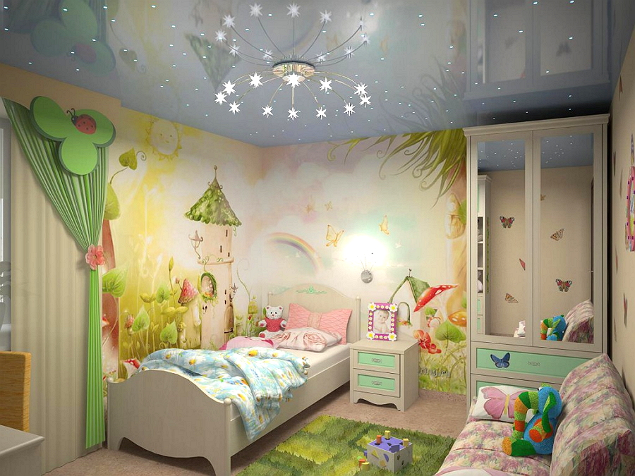 Plafond tendu avec éclairage original pour chambre d'enfant