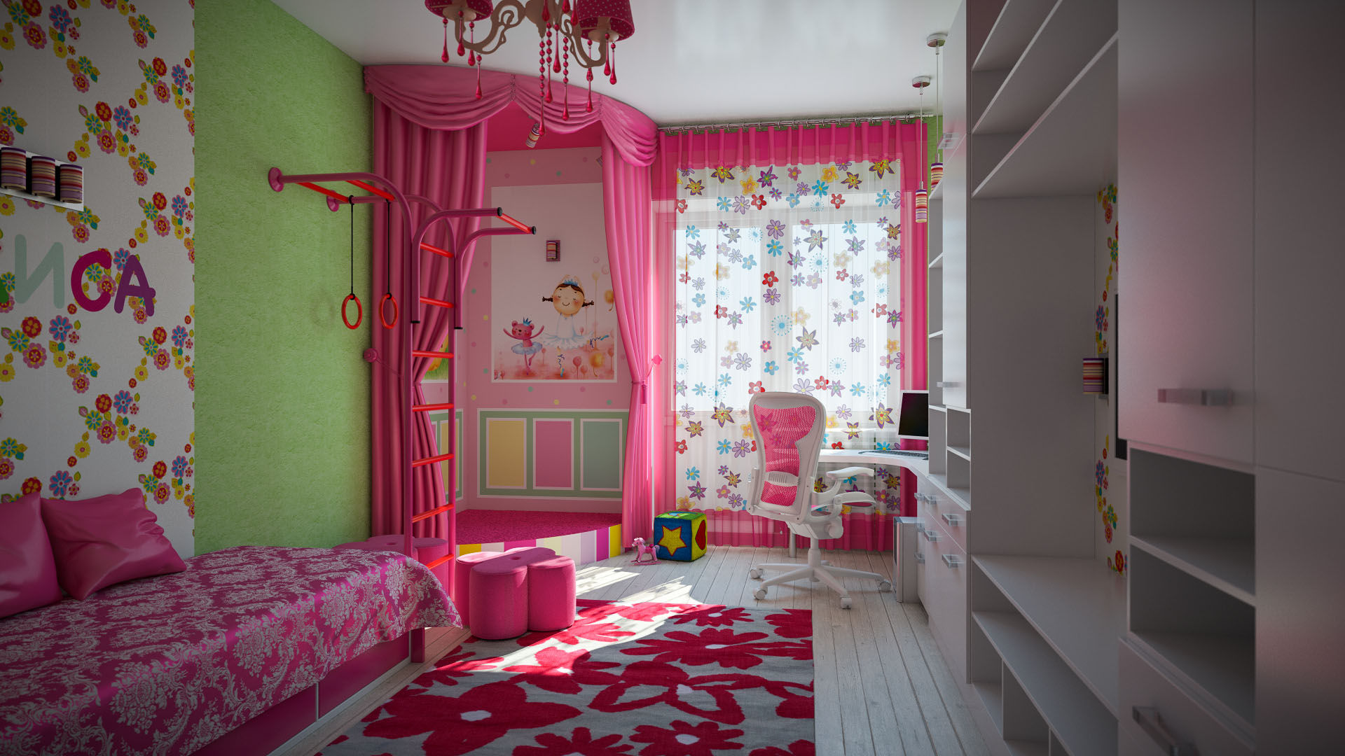Wallpaper design for a children's room for girls with bright red accents