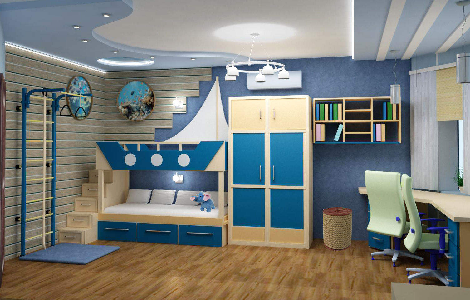 Stile nautico per l'arredamento di una spaziosa camera per bambini per un ragazzo