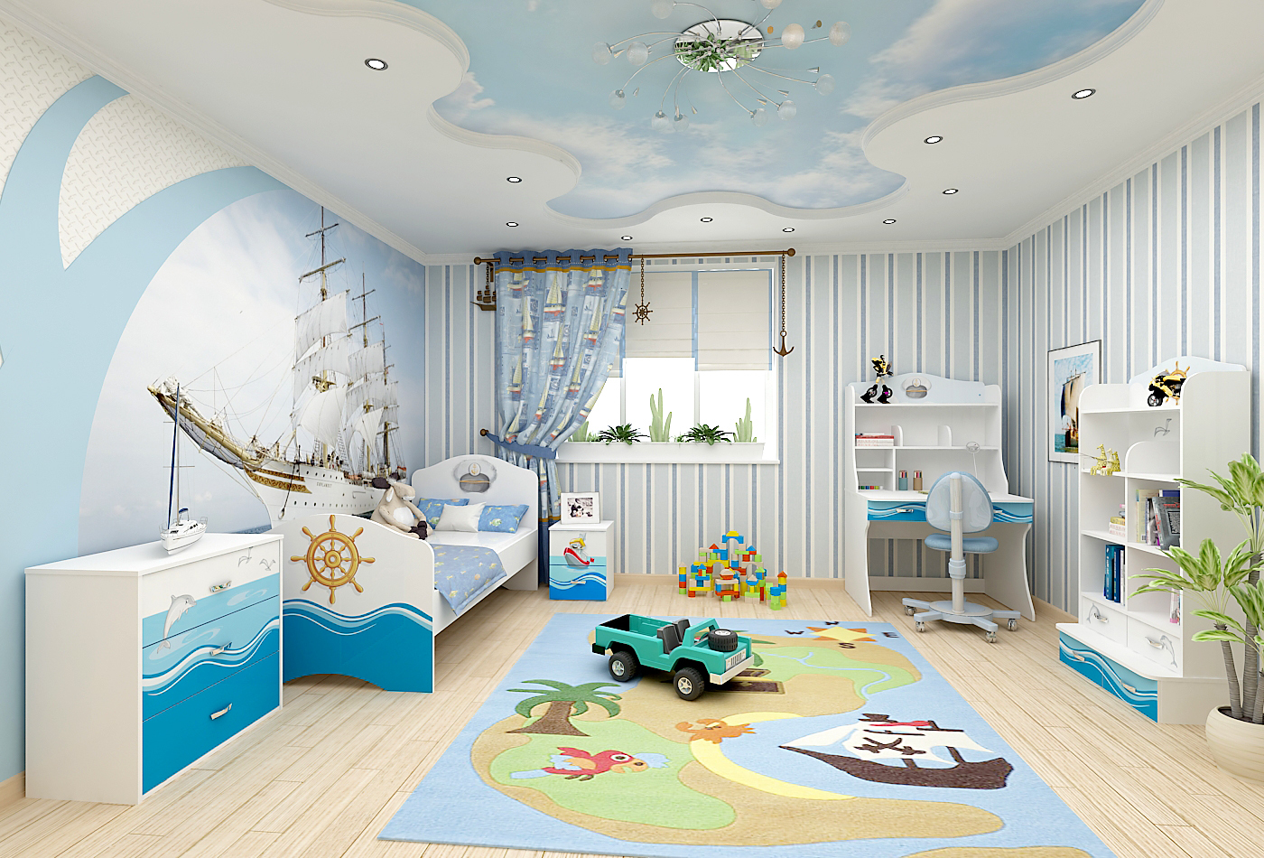 Stile marino di design di una camera per bambini con carta da parati fotografica e decorazioni luminose