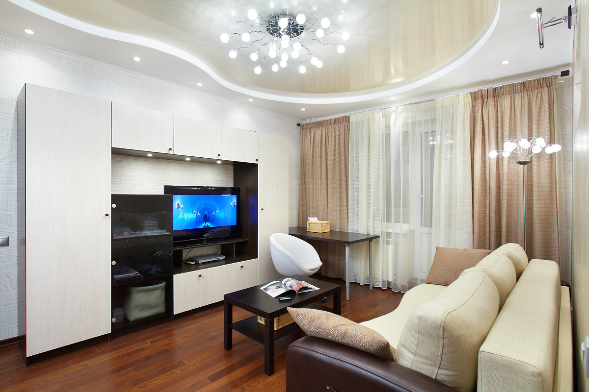 Milky stretch ceiling design for a spacious living room