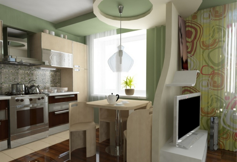 Piccola cucina-soggiorno multifunzionale con elettrodomestici integrati