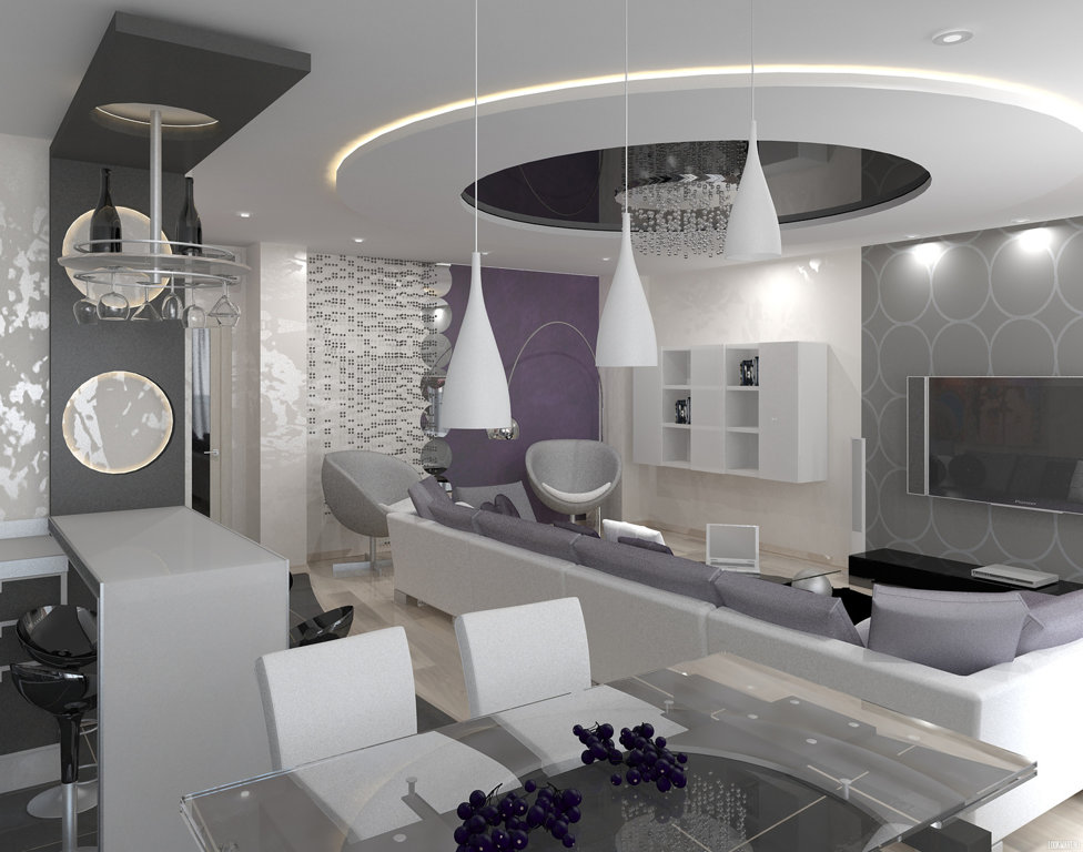 The original idea of ​​designing a room with a separation for the dining room and living room