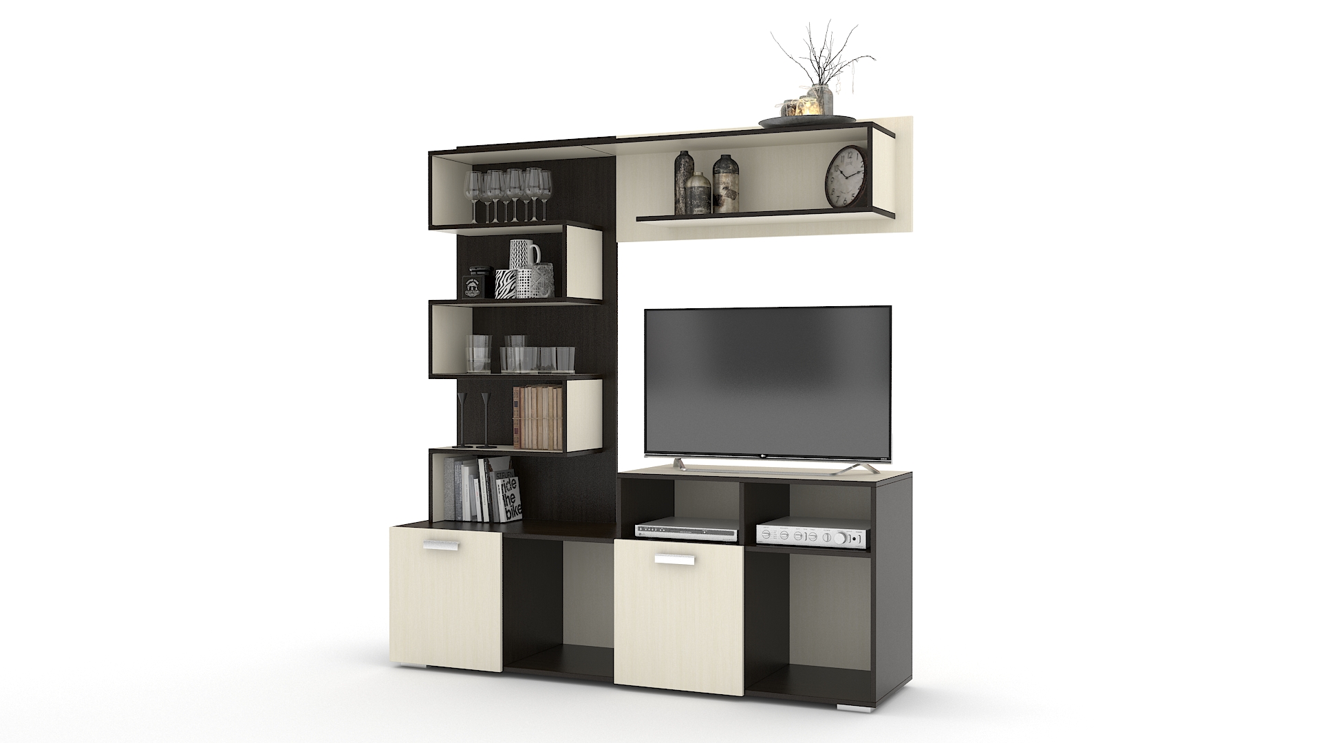 Black and white showcase for dishes in a simple living room