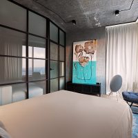 design del soffitto con malta di cemento nella foto della camera da letto