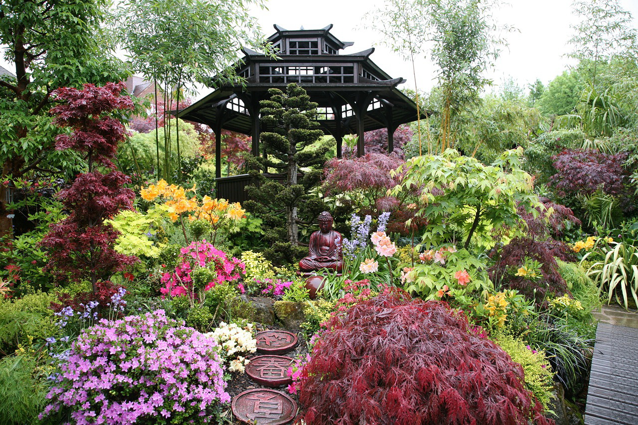 décor de paysage inhabituel de la cour dans le style anglais avec des fleurs
