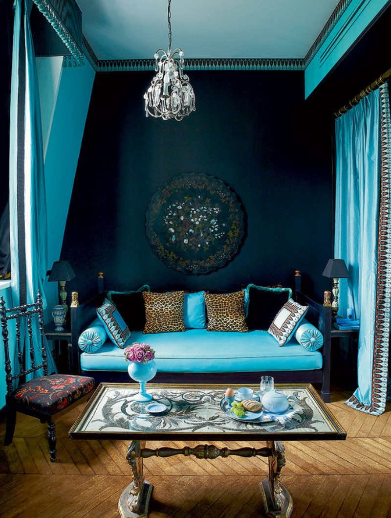 beau décor de chambre en couleur turquoise
