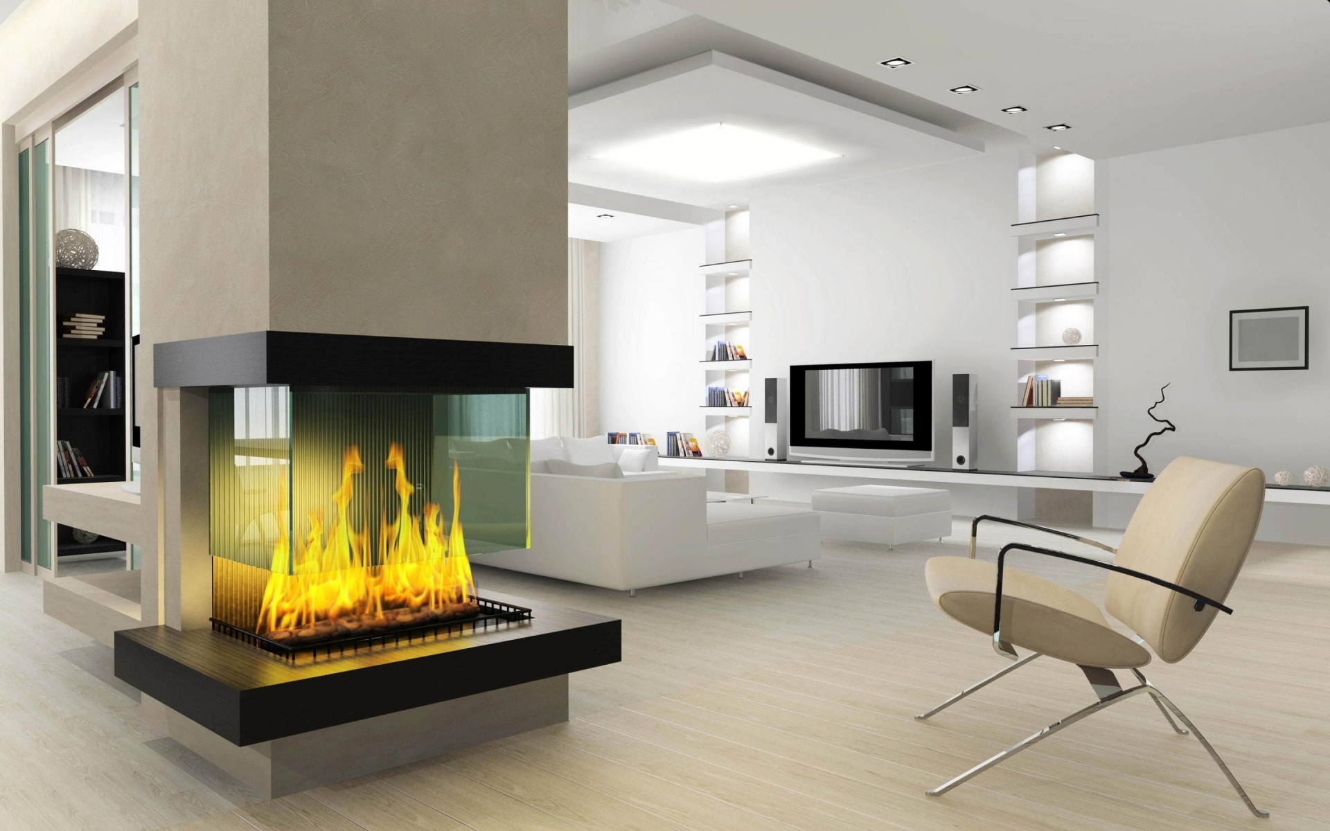 built-in fireplace in the hall
