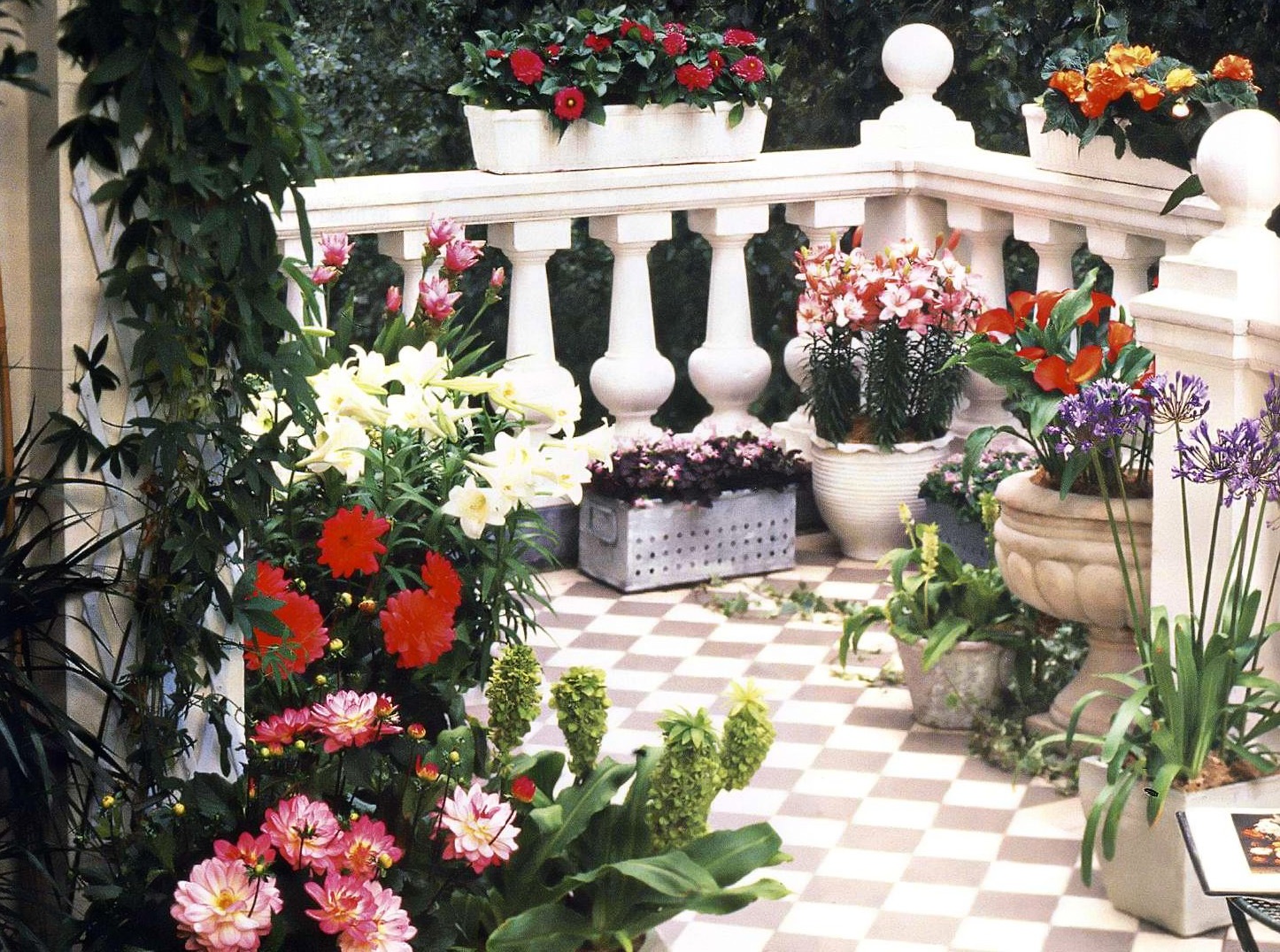 beautiful flowers in the interior of the balcony shelves design