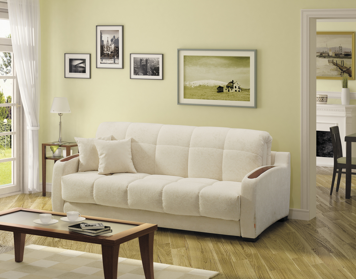 világos kanapé a hálószoba kialakításában