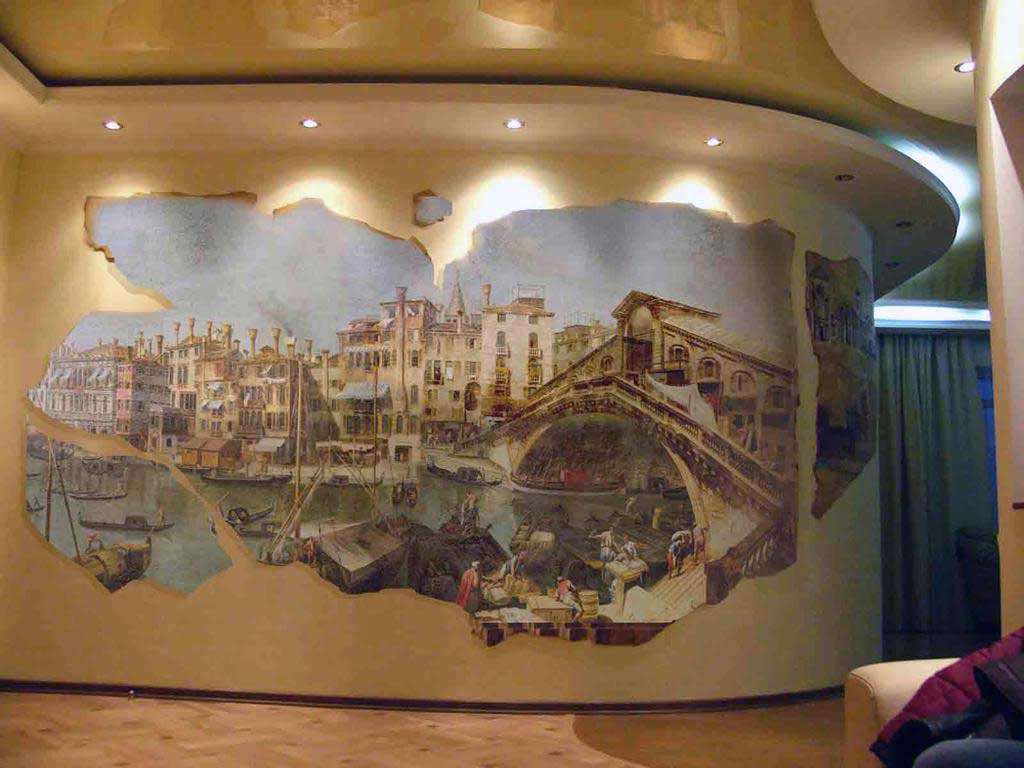 peintures murales à l'intérieur de la chambre à coucher avec un dessin d'un paysage