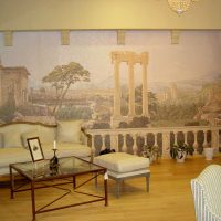 murales all'interno del soggiorno con una foto di immagine di paesaggio