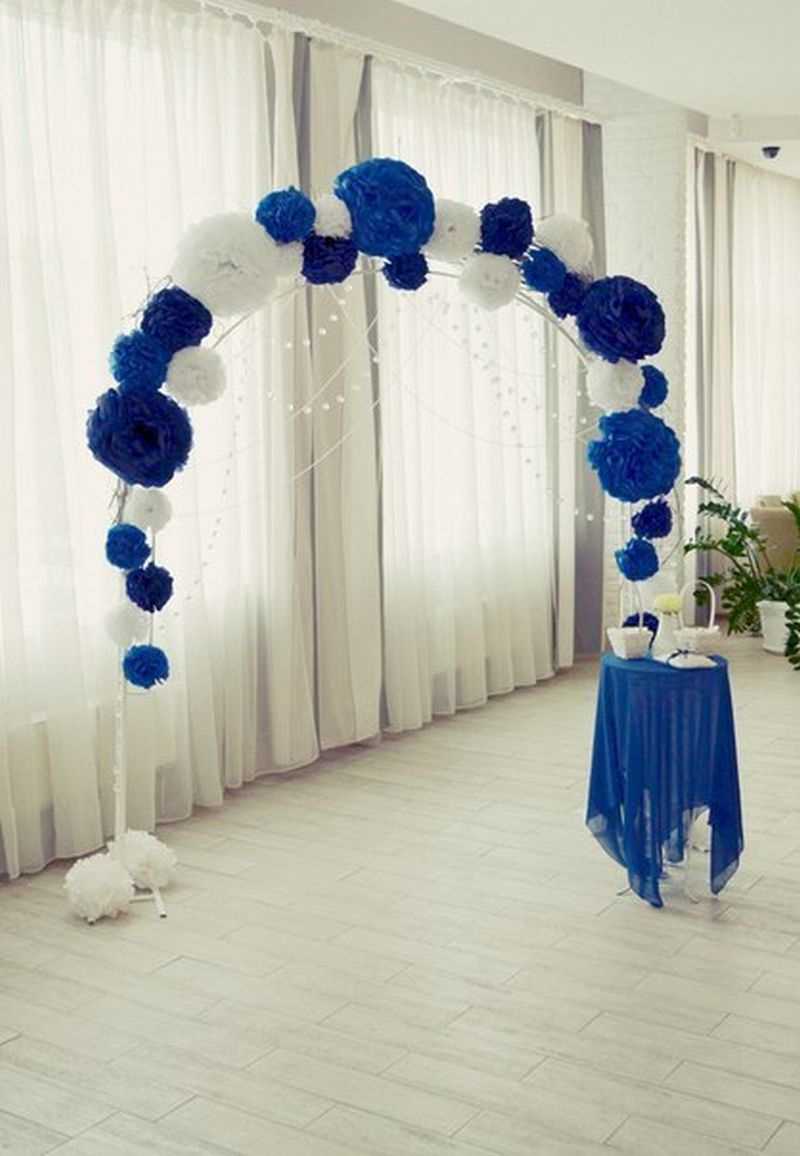 blue paper flowers in the interior of the hall