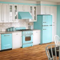 piccolo frigorifero nel design della cucina in foto a colori vivaci