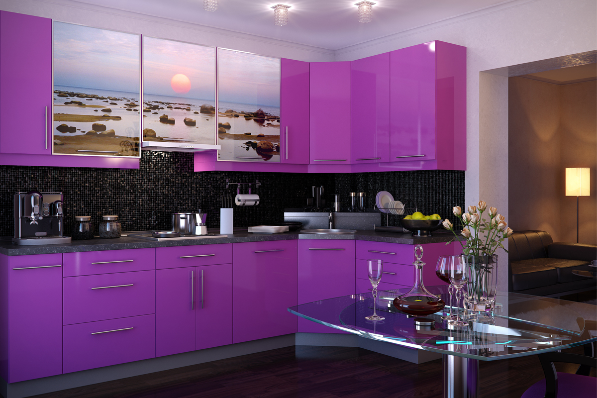 décor de cuisine lumineux en violet