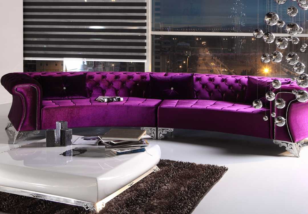 tumši violets dīvāns gaiteņa interjerā
