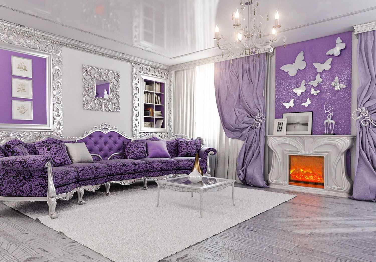 šviesiai violetinė sofa miegamojo dekore