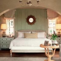 bright bedroom interior with old boards photo