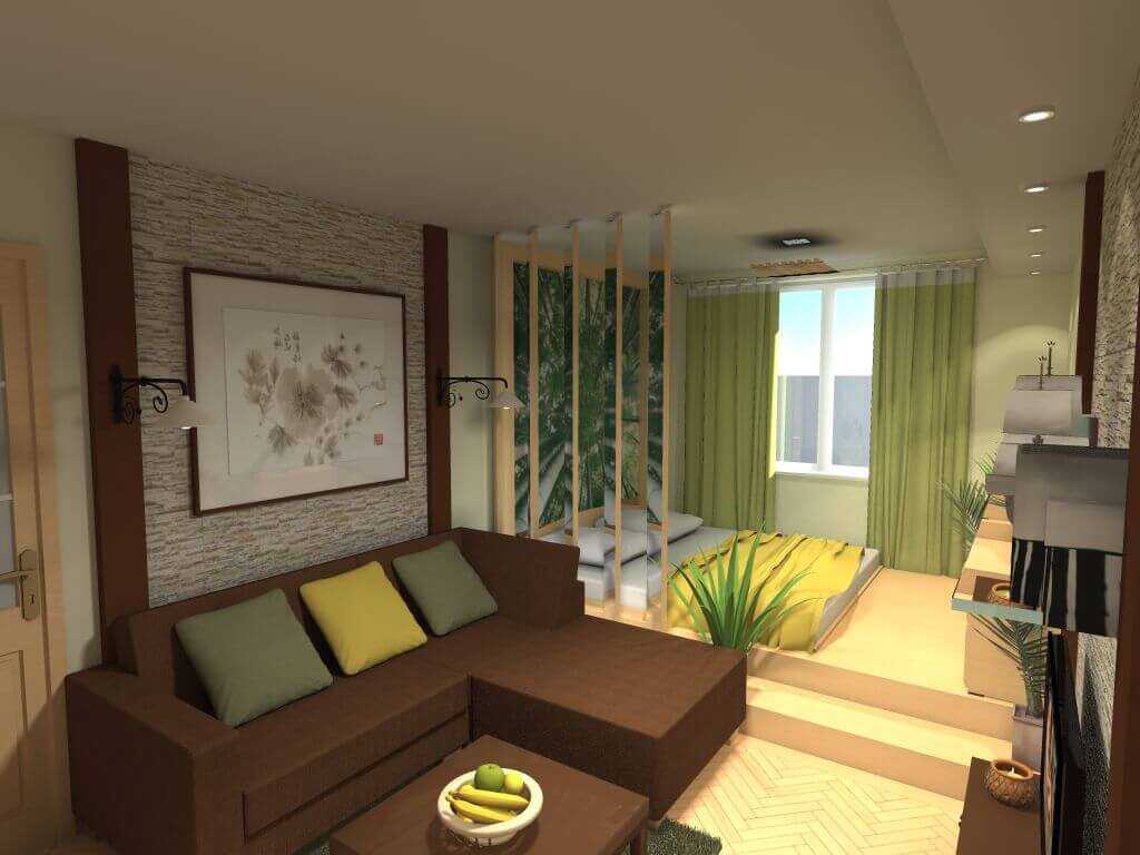 design lumineux de la chambre et du salon dans une seule pièce