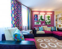 a combination of bright pink in the bedroom interior with other colors of the photo