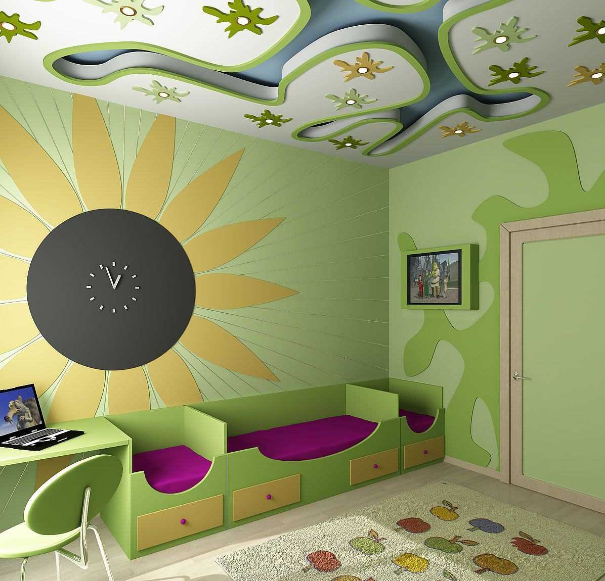 ryškus lubų dekoravimas su papildoma šviesa