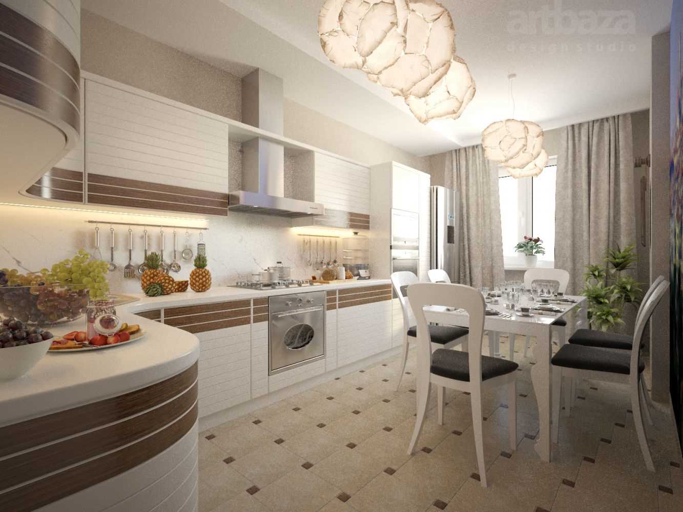 the idea of ​​the original interior of a large kitchen