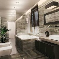 option de design lumineux d'une salle de bain avec une baie vitrée