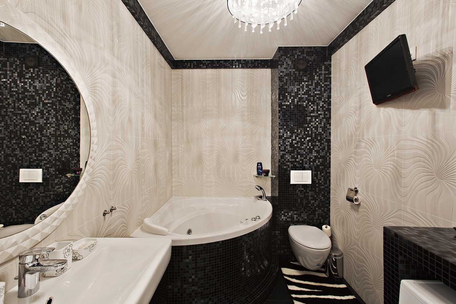 idée d'un intérieur de salle de bain moderne avec baignoire d'angle