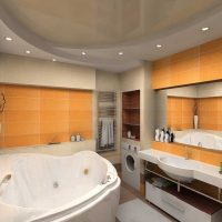 idée d'un intérieur de salle de bain lumineux avec une baignoire d'angle photo