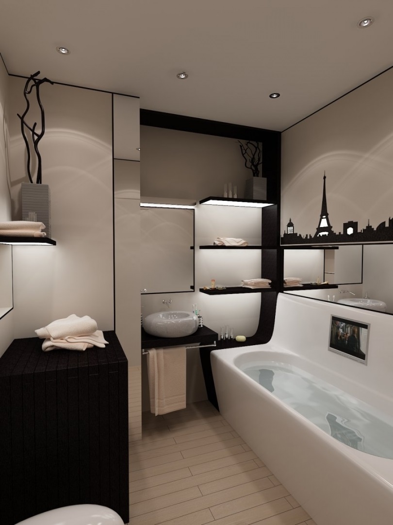 Spilgta vannas istabas stila piemērs 5 kv.m.