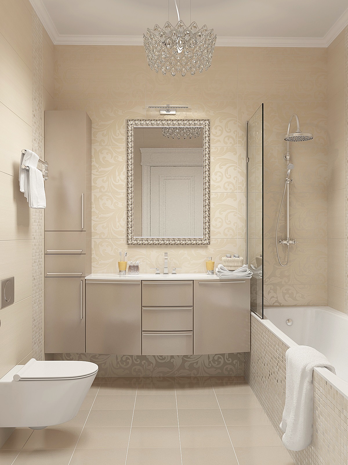 version of the beautiful interior of the bathroom in beige color
