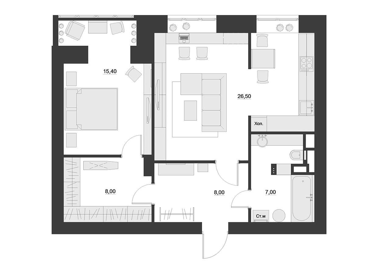 version du beau décor d'un appartement moderne de 65 m2
