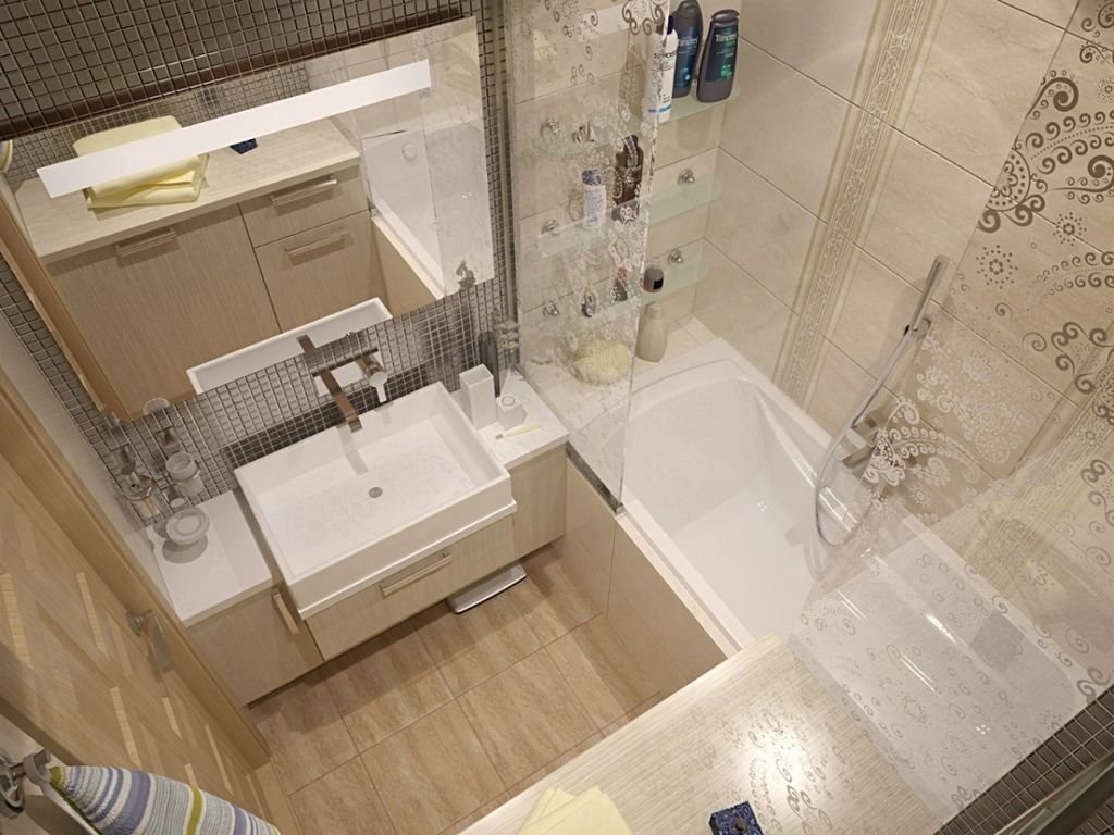 An example of an unusual bathroom interior in beige color