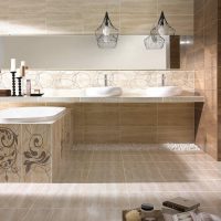 An example of a light bathroom style in beige photo color