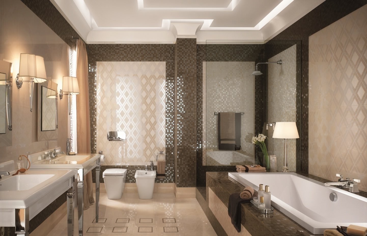 An example of a beautiful bathroom interior in beige color