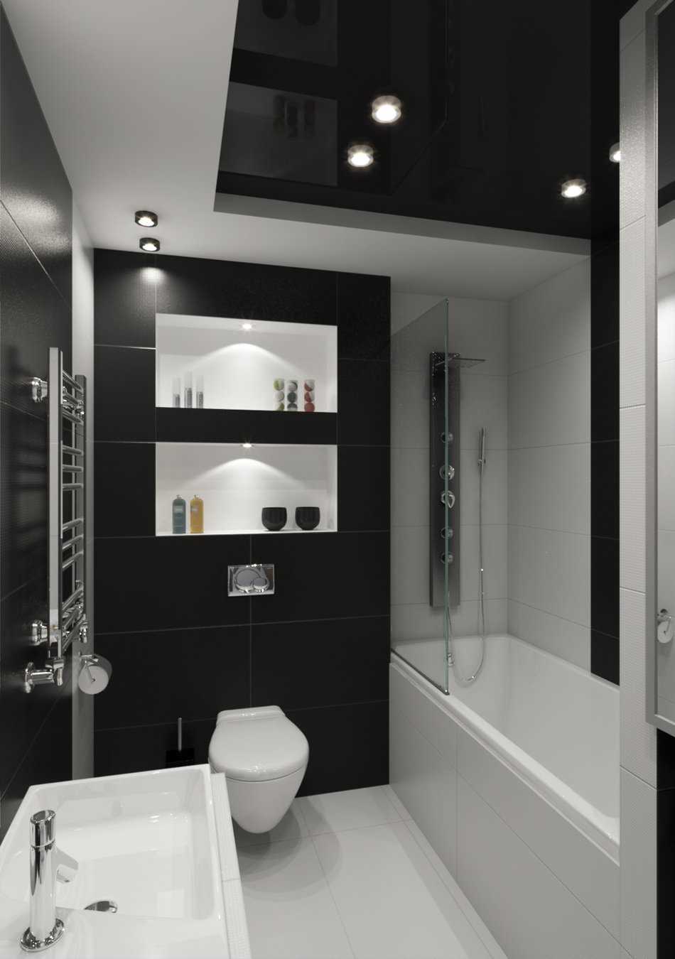 variante de la conception de salle de bains lumineuse en noir et blanc