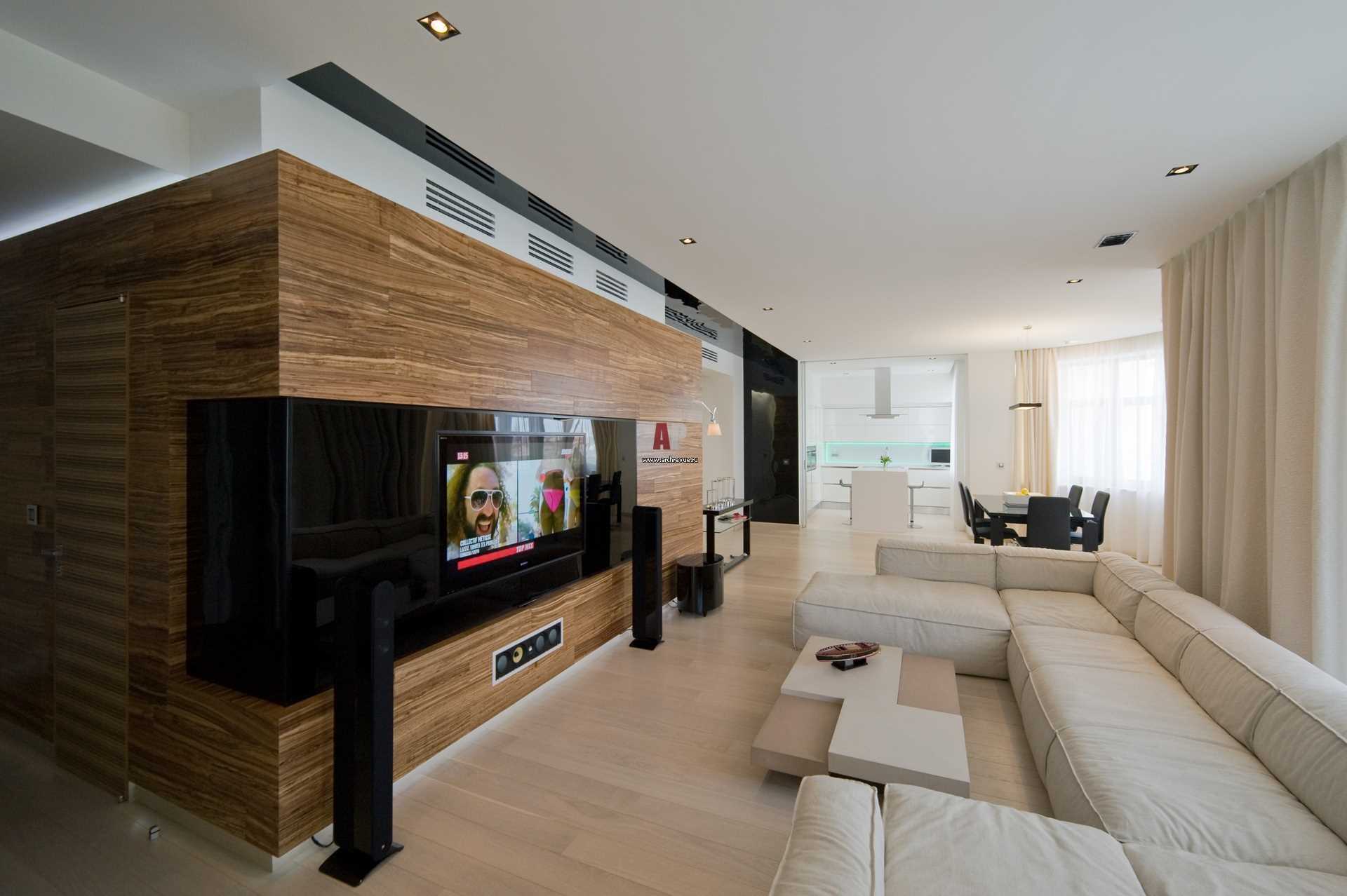 un exemple d'un bel intérieur d'un salon dans le style du minimalisme