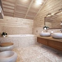 idée d'un beau style d'une salle de bain dans une maison en bois photo