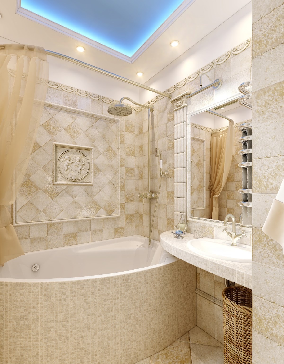 An example of a bright bathroom interior in beige color