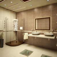 version of a light bathroom design in beige color photo