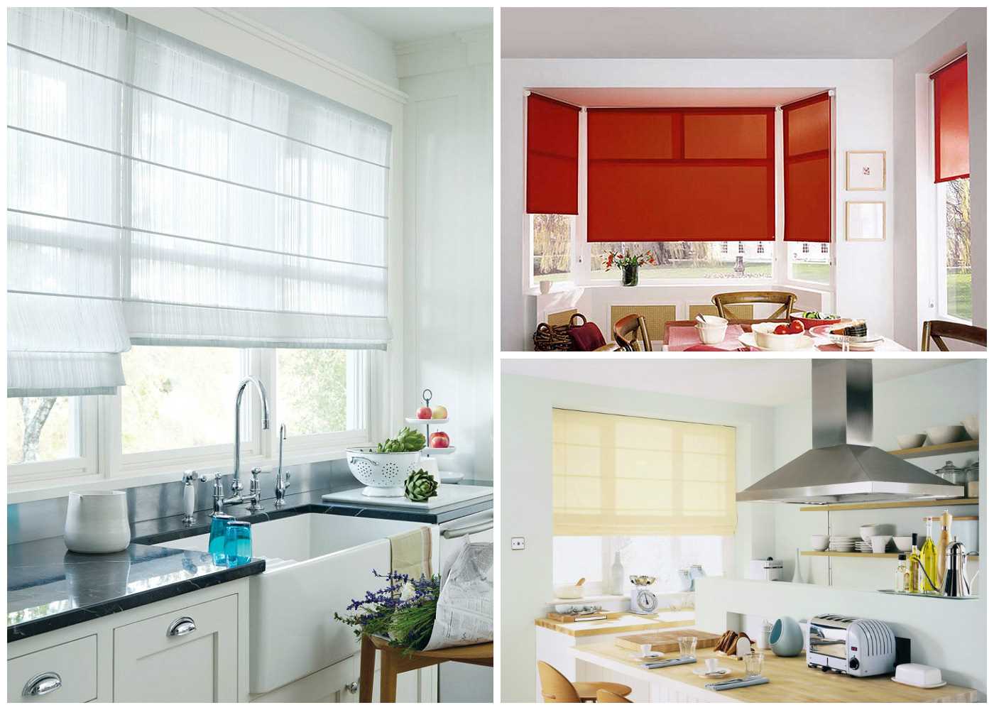 the idea of ​​an unusual design of a kitchen with roman blinds