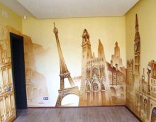 variant of a bright interior of an apartment with wall painting