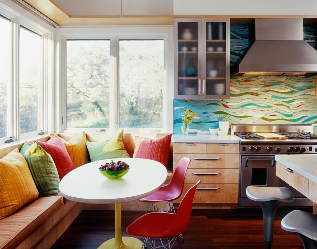 bright sofa with pillows in the kitchen
