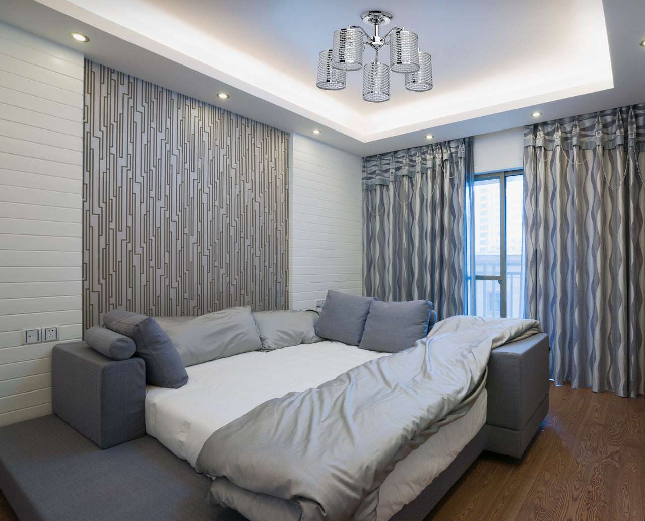 дизайн на спалня със сив тапет